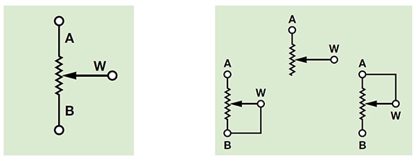 Potentiometer with end terminals A and B and wiper W Diagram of potentiometer with end terminals A and B and wiper W