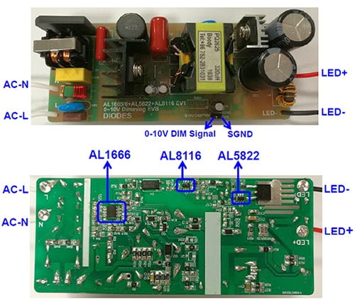 Diodes AL1666+AL8116+AL5822EV1 evaluation board Image of Diodes AL1666+AL8116+AL5822EV1 evaluation board