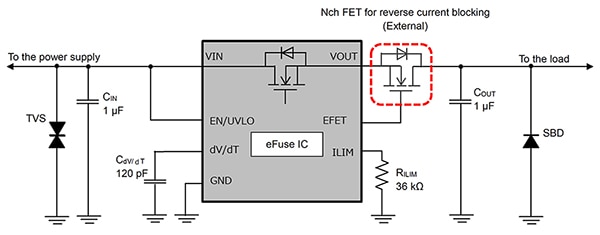 Typical application for Toshiba TCKE8xx series eFuses (click to enlarge) แผนภาพการใช้งานทั่วไปสำหรับ eFuses รุ่น TCKE8xx series ของ Toshiba (คลิกเพื่อดูภาพขยาย)