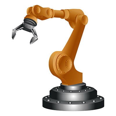 A two-finger pneumatic gripper on the end of a robotic arm Image d'une pince pneumatique à deux doigts à l'extrémité d'un bras robotique