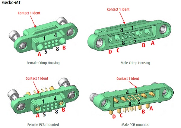 Harwin Gecko-MT supports mixed signal and power contacts in a single connector housing Image of Harwin Gecko-MT supports mixed signal and power contacts in a single connector housing
