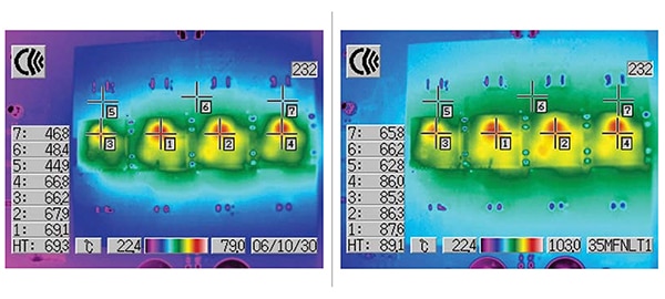 Airflow of 200 LFM significantly reduces module and pc board temperatures (click to enlarge) Image of airflow of 200 LFM significantly reduces module and pc board temperatures (click to enlarge)