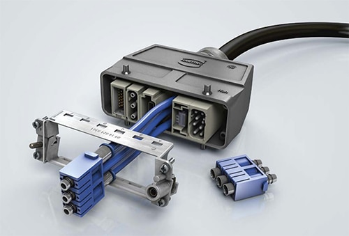 Modular connector can handle signals, power, digital communication interfaces, and pneumatics Image of modular connector can handle signals, power, digital communication interfaces, and pneumatics