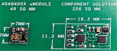 Analog Devices ADAQ4003 (left) with its cover removed Obrázek modulu ADAQ4003 společnosti Analog Devices (vlevo) se sejmutým krytem