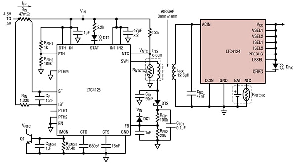 Analog Devices LTC4125 transmitter and LTC4124 charger (click to enlarge) Diagram of Analog Devices LTC4125 transmitter and LTC4124 charger (click to enlarge)