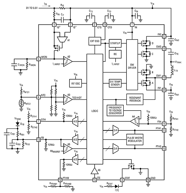 Analog Devices LTC4125 wireless power transmitter (click to enlarge) Diagram of Analog Devices LTC4125 wireless power transmitter (click to enlarge)