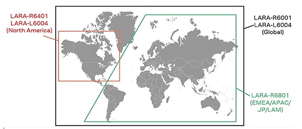 Regional variants of the LARA-R6 modules Map of regional variants of the LARA-R6 modules