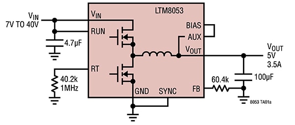Analog Devices LTM8053 member of the Silent Switcher family (click to enlarge) Diagram of Analog Devices LTM8053 member of the Silent Switcher family (click to enlarge)