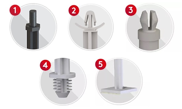 Five of the many choices for connecting pc board supports to panels or chassis Image de cinq des nombreuses possibilités de connexion des supports de circuits imprimés à des panneaux ou des châssis