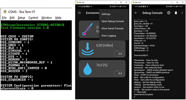 Command line and debug console on a PC (left), and on a mobile device (right) (click to enlarge) Billede af kommandolinje og fejlfindingskonsol på en pc (til venstre) og på en mobilenhed (til højre) (klik for at forstørre)