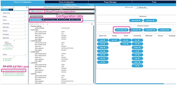 Graphical software configuration using the STMicroelectronics STM32CubeMX tool (click to enlarge) Billede af grafisk softwarekonfiguration ved hjælp af STMicroelectronics STM32CubeMX-værktøjet (klik for at forstørre)
