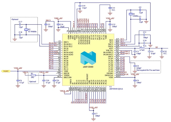Nordic nRF52840 requires external circuitry (click to enlarge) Diagram of Nordic nRF52840 requires external circuitry (click to enlarge)