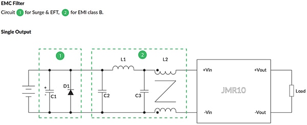 Recommended EMC filter circuits for surge and EFT and EMI class B (click to enlarge) Schéma - doporučené EMC filtrační obvody pro přepětí, rychlé elektrické přechodové jevy (EFT) a rušení EMI třídy B (kliknutím zvětšíte)