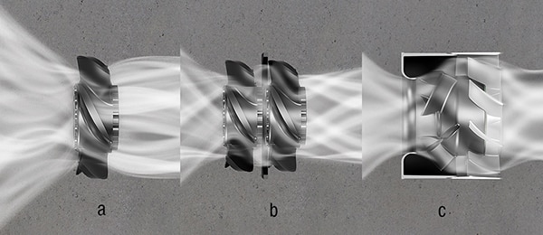 Direct comparison between a single-stage axial fan, two-stage axial fan, and DiaForce diagonal fan Image of direct comparison between a single-stage axial fan, two-stage axial fan, and DiaForce diagonal fan