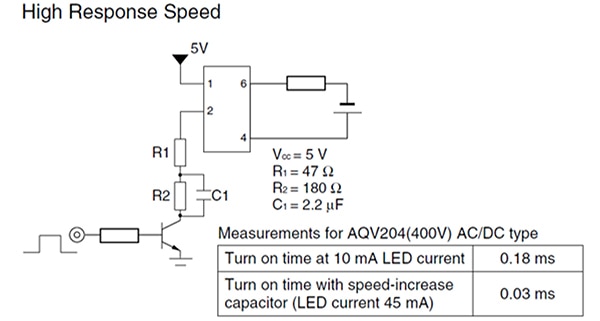 Bootstrap element R1/R2/C1 increases the switch-on speed of the PhotoMOS relay Schema dell'elemento di bootstrap R1/R2/C1 che aumenta la velocità di accensione del relè PhotoMOS