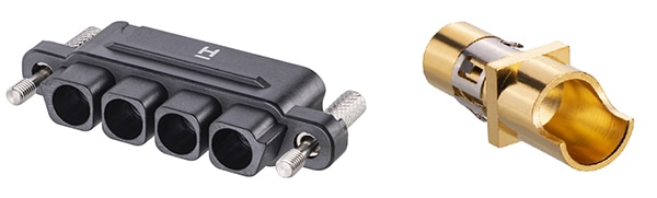 Harwin KA1-2010498F1 four-contact receptacle housing and female solder contact Image du boîtier de prise à quatre contacts KA1-2010498F1 et du contact à souder femelle de Harwin