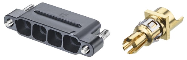 Harwin KA1-3010498M5 male housing (left) and the solder version Image du boîtier mâle KA1-3010498M5 (à gauche) et de la version à souder de Harwin