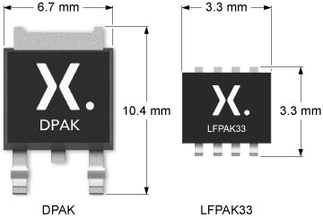 Nexperia NextPowerS3 LKPAK33 packaging (right) with DPAK packaging comparison תמונה של מארז LKPAK33 NextPowerS3 של Nexperia (מימין) עם השוואת מארז DPAK