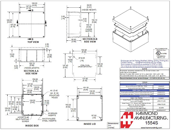 Hammond Manufacturing 1554N2GYCL enclosure (click to enlarge) Drawing of a Hammond Manufacturing 1554N2GYCL enclosure (click to enlarge)