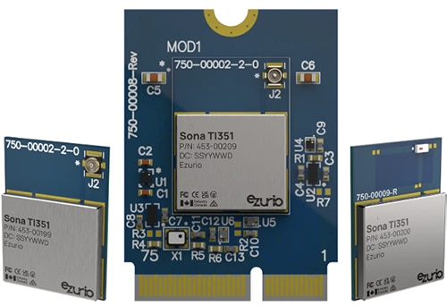 Ezurio Sona TI351 Wi-Fi 6 and BLE 5.4 modules Image des modules Wi-Fi 6 et BLE 5.4 Sona TI351 d'Ezurio