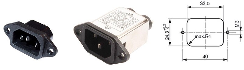 IEC connector, IEC connector with mains filter and standard mounting hole (Image source: RECOM)