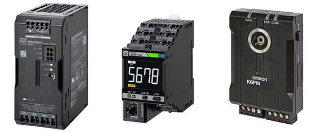Omron’s S8VK-X Series power supplies, K6CM series motor controllers, and K6PM thermal imager (left to right)