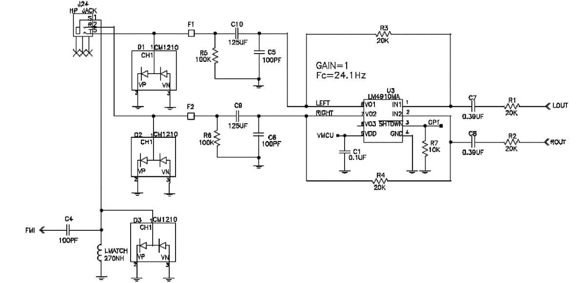 Design schematic of LM4910 headphone amplifier arranged via some additional passive components to use the headphone leads as an FM antenna
