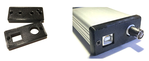 Example of 3D printed end caps (left) to fit the Hammond 1455C802 case (right)