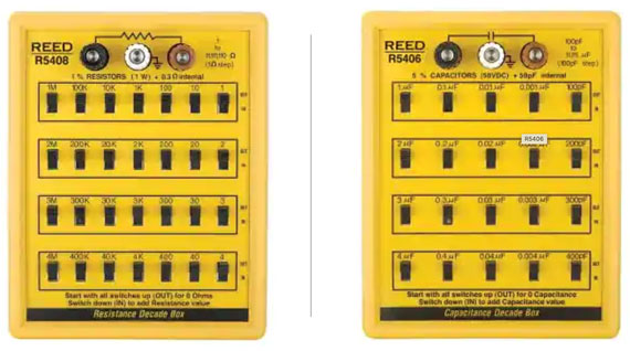 REED Instruments' R5408 decade resistance box (left) and R5406 decade capacitance box (right)