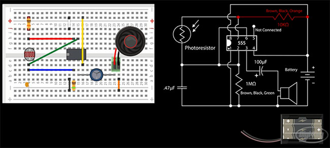 A simple 555 timer circuit and the corresponding breadboard layout