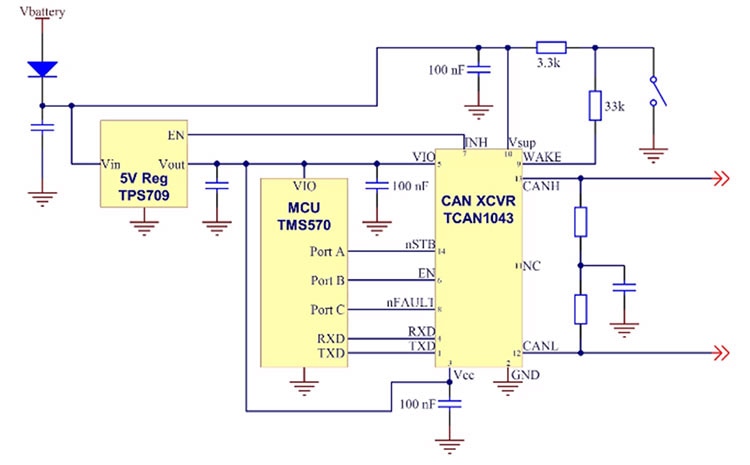 Texas Instruments' TCAN1043GDRQ1 14-pin CAN transceiver