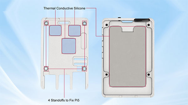 Both the ED-Pi5Case-B and ED-Pi5Case-O enclosures include three thermal pads strategically positioned to cover the CPU, wireless module, and PMIC
