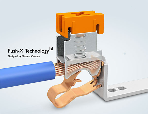 Shown in the closed position, a terminal block with Push-X technology features a contact spring that is triggered by a conductor pushing down on its release surface