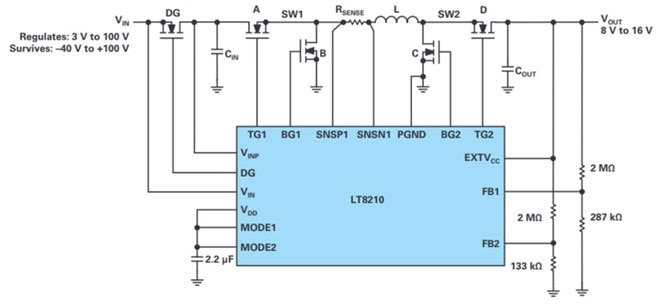 This simplified schematic diagram shows how the LT8210 can be set up in a Pass-Thru configuration with a regulated VOUT from 8 V and 16 V
