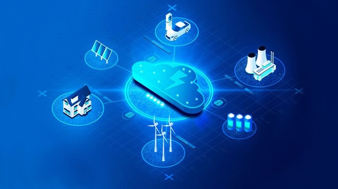 Icons representing homes, car chargers, and various kinds of green energy all converging on a blue cloud icon with a lightning bolt on it