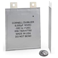 Cornell Dubilier Electronics' PPC Series 1 mm-Thin Aluminum Polymer Capacitor Image of Cornell Dubilier Electronics' PPC Series 1 mm-Thin Aluminum Polymer Capacitor