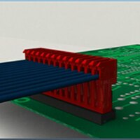 Modeled representation of MTA connector attached to pins on PCB MTA Connector