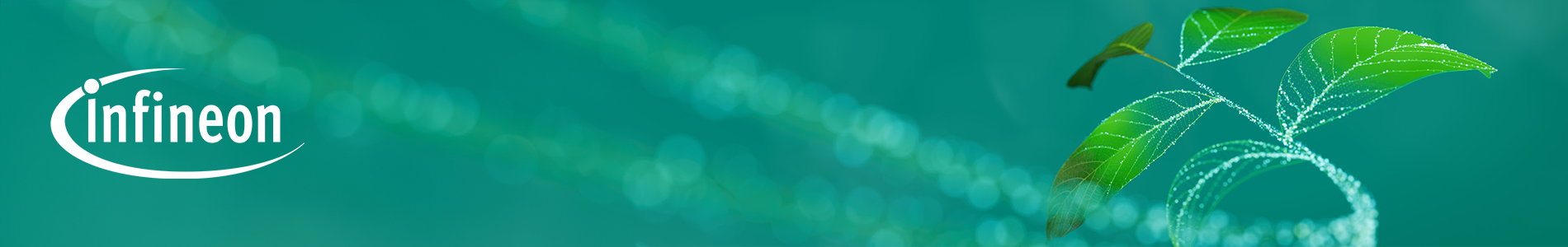 Infineon logo on green banner that has an plant made of small molecules that goes from loose and out of focus on the left to in focus and coalescing into a stem with 5 leaves on the right