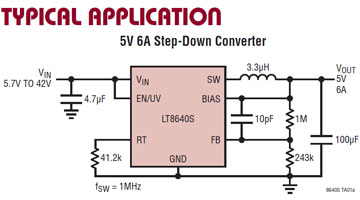Analog Devices' LT8640S Synchronous Step-Down Regulator Typical Application Analog Devices 的 LT8640S 同步降壓穩壓器圖片