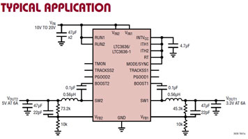 Analog Devices' LTC3636/LTC3636-1 Dual-Channel Monolithic Synchronous Buck Regulators Diagram Analog Devices 的 LTC3636/LTC3636-1 双通道单片同步降压稳压器接线图