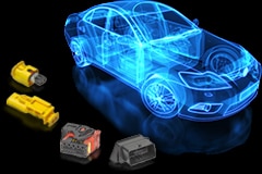 Wireframe blue car with Molex Automotive parts laid out beside it
