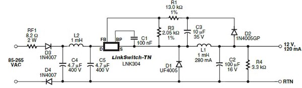 Image of LNK304-based non-isolated AC/DC switcher