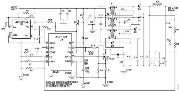 基于 Analog Devices ADP1621 的 DC/DC 升压转换器图（点击放大至全尺寸）