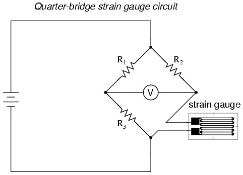 Image of basic bridge circuit for monitoring strain-gauge output