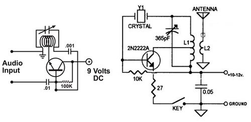 Image of two good, low-cost, single-transistor AM-transmitter designs