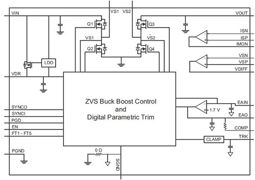 Diagram of Vicor’s PI3749 buck-boost regulator