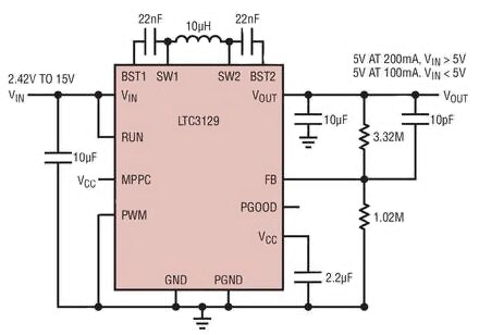 The LTC3129 synchronous buck-boost DC/DC converter from Linear Technology seamlessly switches from buck to boost mode so it can maintain a constant output voltage even as output of the source (usually a battery) declines as it is depleted.