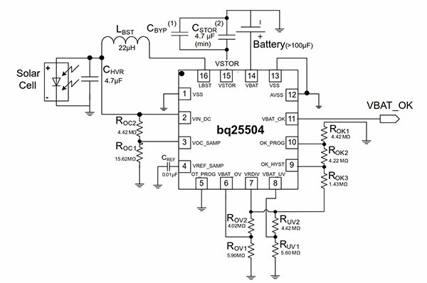 Diagram of Texas Instruments bq25504 power management chip