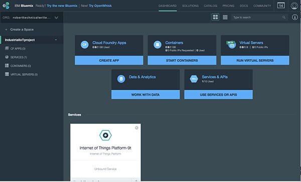 IBM Bluemix screen with IOTF service added