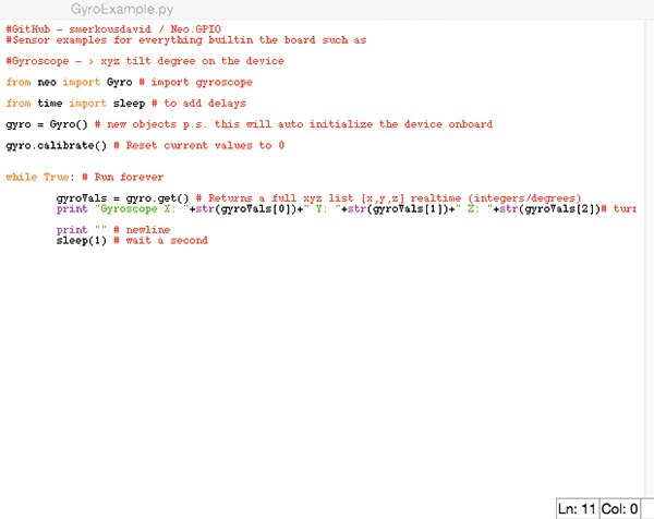 Python program that reads the gyroscope and displays the data from it
